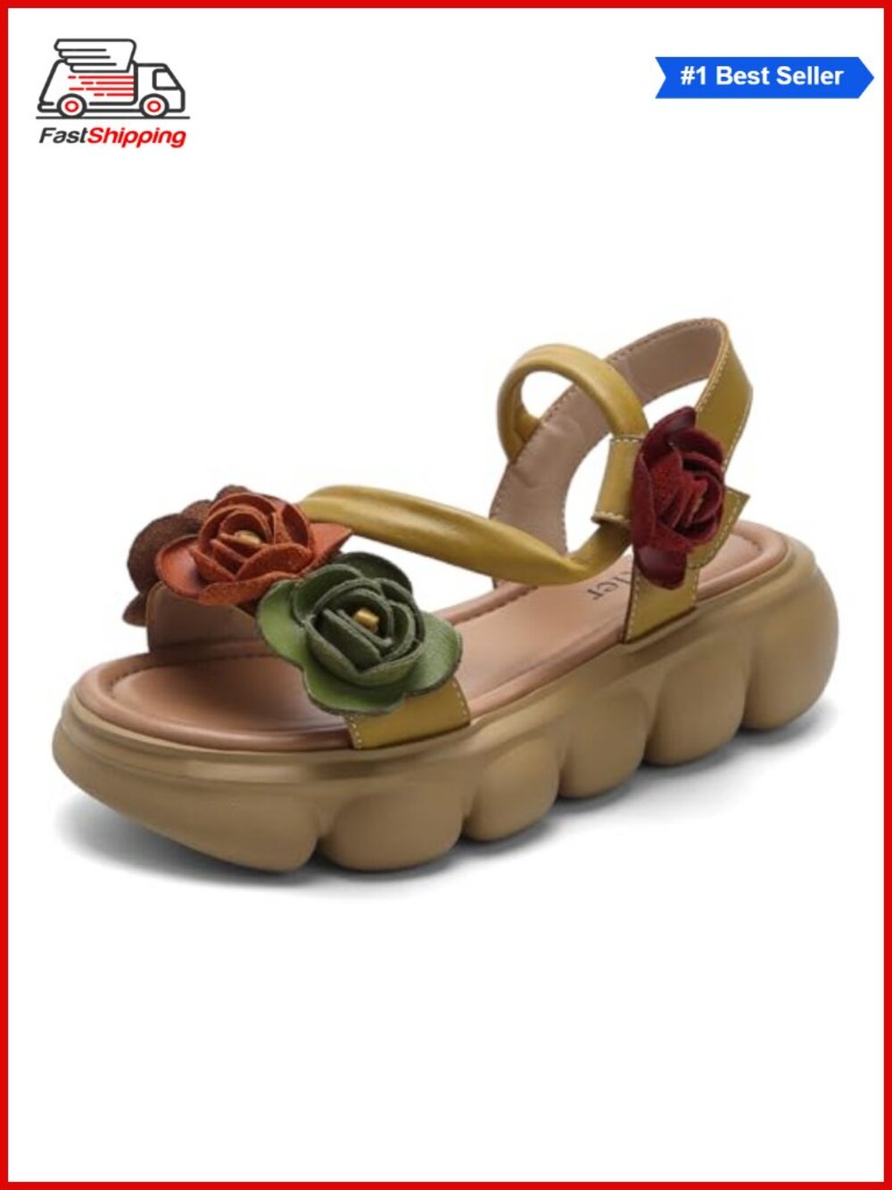 Women's Platform Sandals Open Toe Cow Leather Floral Wedges Hook & Loop